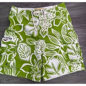 Hollister Cargo Pocket Board Shorts Men's Size L Green White Tropical Print